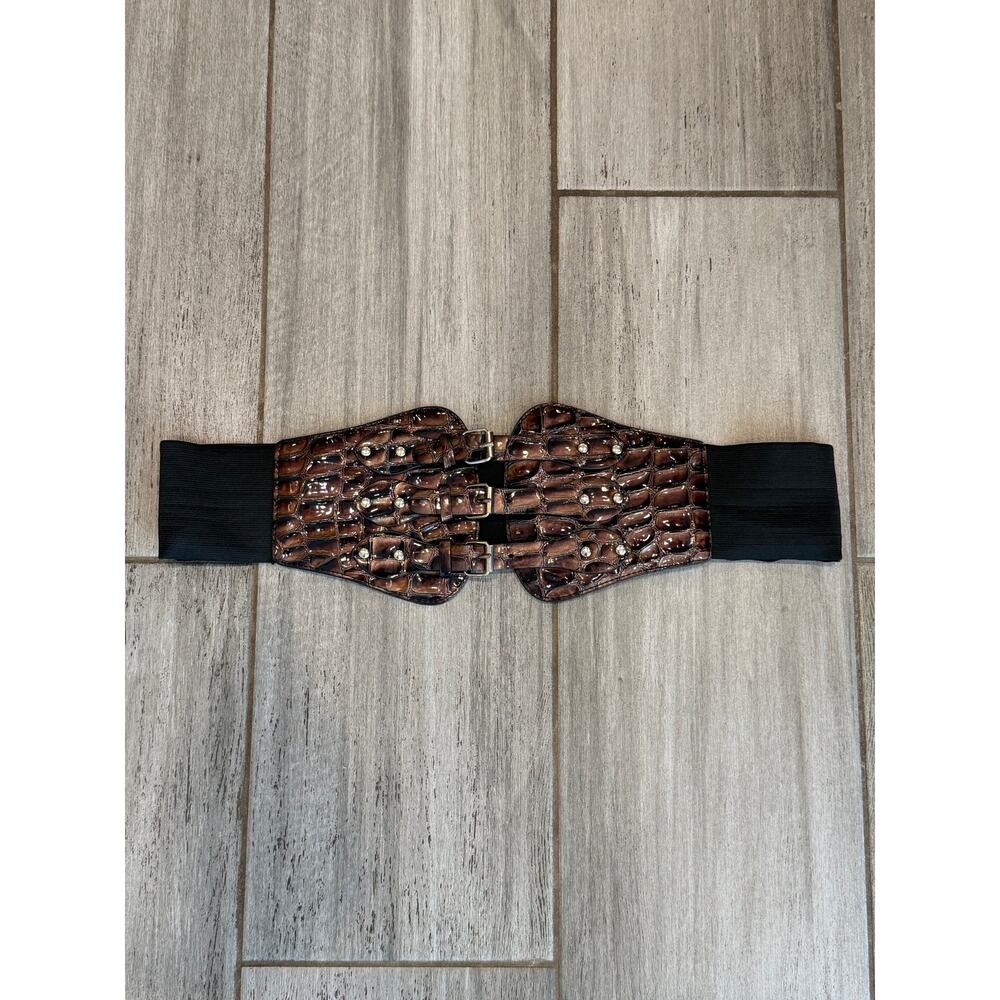 Vintage Wide Stretch Waist Belt Brown Croc Embossed Adjustable Triple Buckle 2X